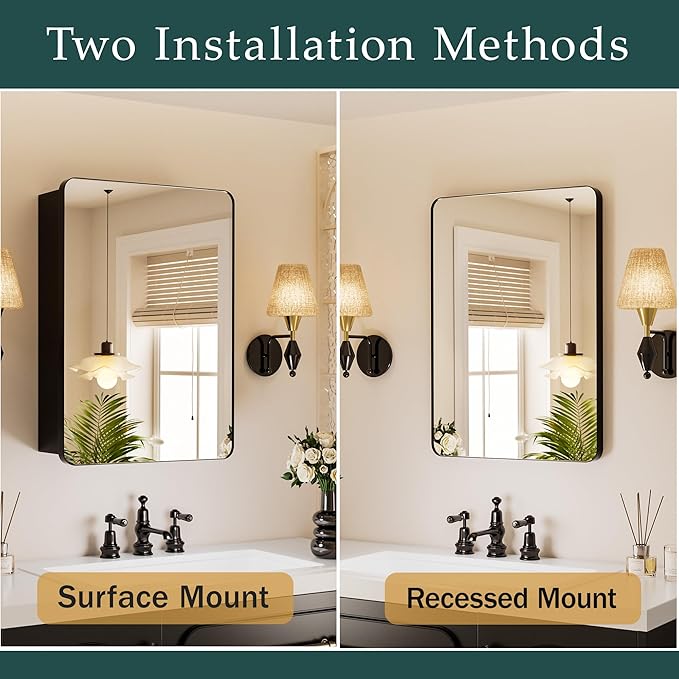 Medicine Cabinet with Mirror 20x30 Inch, Aluminum Bathroom Cabinet for Recessed or Surface Mount, Black Frame, Six Adjustable Glass Shelves, Soft Close Hinge, Reversible Door