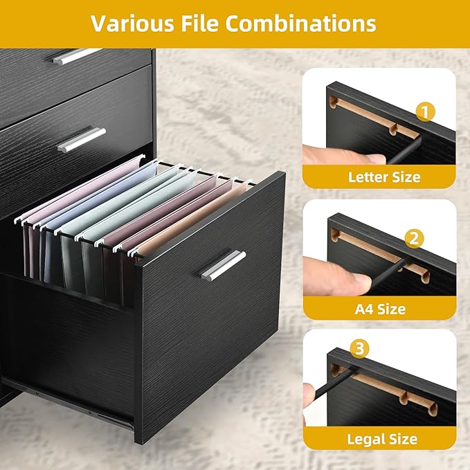 DWVO File Cabinet with Charging Station, 3 Drawer Mobile Filing Cabinet with Lock, Printer Stand with Open Storage Shelf for Home Office, Black
