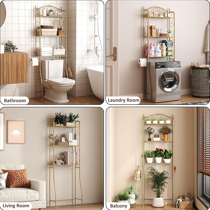 HOME BI Over The Toilet Storage Shelf, 3-Tier Over Toilet Bathroom Organizer Rack, Freestanding Space Saver Toilet Stands with Hooks, Gold