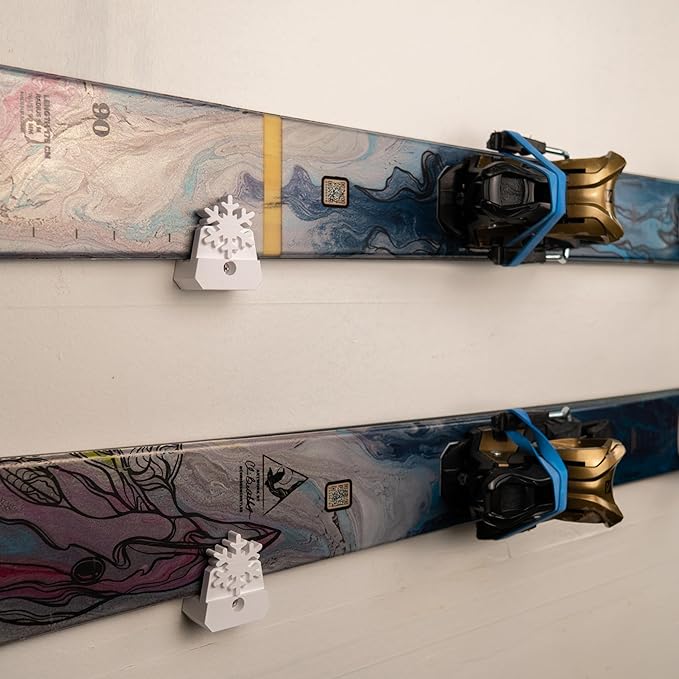 Horizontal Wall Ski Holder – Space-Saving Ski Wall Mount for Garage & Home Storage | Holds 1 Pair of Skis | Mountain, Snowflake & No Design Styles (White, Low Profile | With Gear Hook)