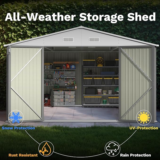 Patiowell 10x14 FT Storage Shed, Outdoor Metal Steel Garden Shed with Lockable Door and Sloping Roof, Large Outside Utility Tool Sheds for Backyard Garden Patio, Gray