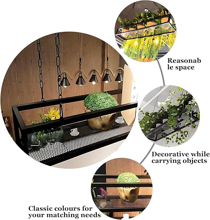 Metal Iron Hanging Plant Shelf with Chain for Kitchen Bar Decor Ceiling Mounted Storage Rack for Flowers and Wine (80x25x15cm)