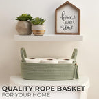 Decorative Toilet Paper Basket – Beautiful Bathroom Organizer for Toilet Tank Storage Decor – Boho Cotton Rope Bin with Tassel for Bathroom Accessories and as Shelf Decor (sage Green)