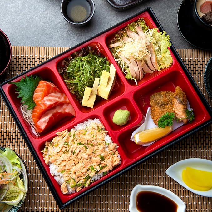 2 Pcs 12 x 9.5 x 2.2 Inch Japanese Lunch Box 6 Compartments Divided Bento Box with Greaseproof Adult Japanese Bento Lunch Container Sushi Home Restaurant