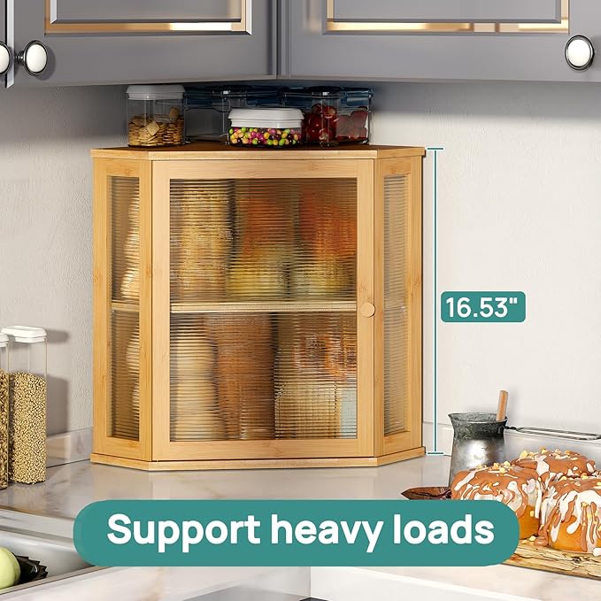 Corner Bread Box for Kitchen Counter, Bamboo Wood Large Capacity Bread Storage Bin with Acrylic Wavy Door Panel (Natural, Extra Large)