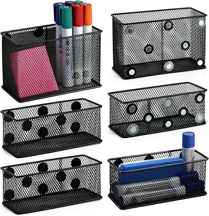 Neudeco Magnetic Locker Organizer and Accessories, Wire Mesh Magnetic Storage Basket, Magnetic Holder for Dry Erase Markers, Strong Magnet Pen Holder for Fridge School, Black, Pack of 6