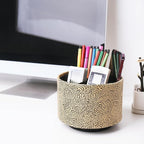 lizimandu Round Leather Art Supply Organizer,Remote Control Holder,360 Degree Spinning,Multi-Functional Pencil Holder,4 Compartments Desktop Stationary Organizer(1-Yellow Black)