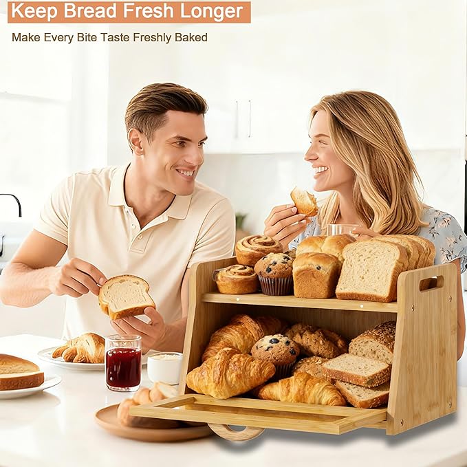 BAMBANG Extra Large Bread Box, Bread Box for Homemade Bread, Bamboo Wooden Bread Storage Container with Tool Holder & Handles & Window, Assembly Required(14.9" x 9.8" x 9.4") Natural