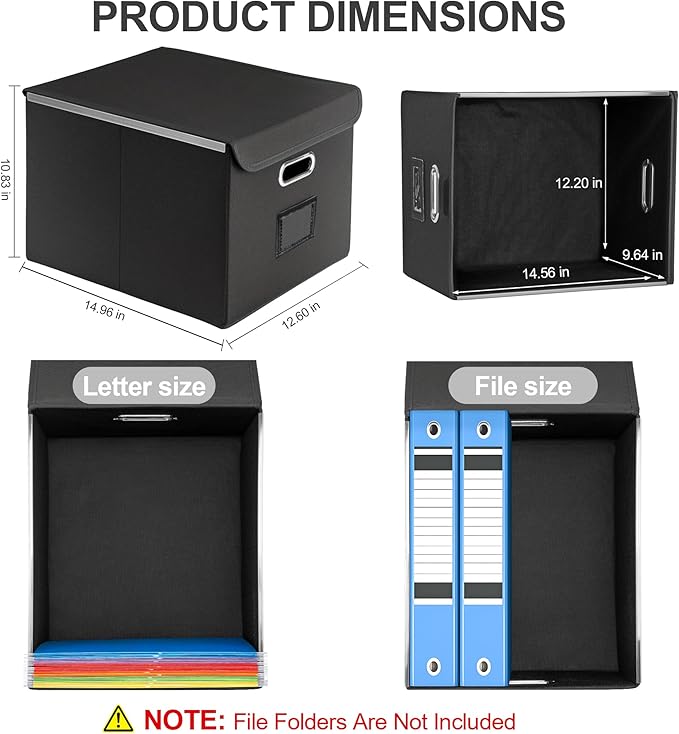 Collapsible File Box with Lid & Plastic Slide - Hanging Document Organizer for Office/Home, 14.96x12.6x10.83 Inch,Decorative Home File Bin,Black, 1 Pack (No Folders Included)
