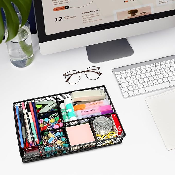 Desk Drawer Organizer Tray,Drawer Organizer for Office and Home,Desk Organizer with Drawers,7 Compartments,Non-Slip Desk Organizers (Black, 12.3" L x 8.3" W x 1.8" H)