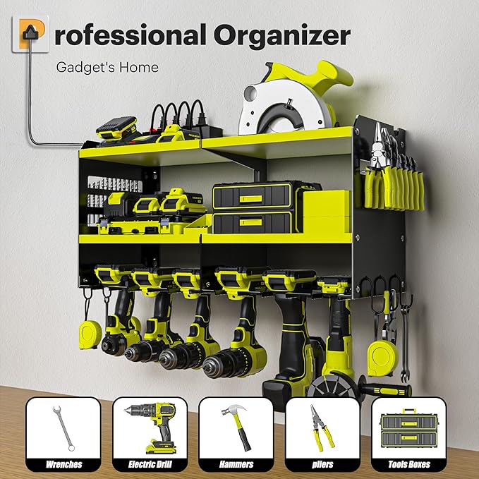 Power Tool Organizer, 15 Min Quick Assembly & Max 420lb Load by Heavy Duty Metal, 6 Slots for Cordless Drill with 4 Outlet Power Strip in Garage/Workshop/Suitable for Thanksgiving/Christmas