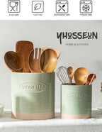 YHOSSEUN Kitchen Utensil Holder, 6.7"+5.1" Ceramic Utensil Holder for Kitchen Counter, Oval Cooking Utensil Crocks for Countertop, Utensil Storage Organizer Set of 2, Green