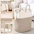 Woven Laundry Basket for Clothes, 50L Large Rectangle Laundry Hampers with Beads Tassel, Nursery Storage Basket for Toys, Tall Dirty Clothes Hamper for Bedroom Aesthetic, Laundry Room Organization