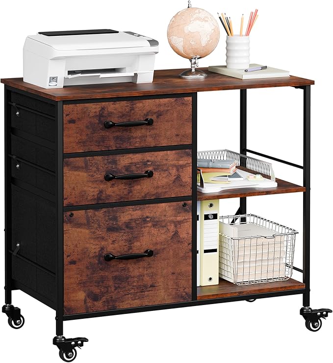 ZENY Lateral File Cabinet with 3 Drawers, Mobile File Cabinet Printer Stand, Rolling Fabric Lateral Filing Cabinet for Office Home Small Space (Rustic Brown)
