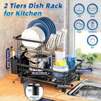Dish Drying Rack, Stainless Steel-Dish Rack, Dish Racks for Kitchen Counter, Kitchen Dish Drainers with Removable Utensil Holder,New Drain Outlet,Plate Rack and Drainboard (Black 3)