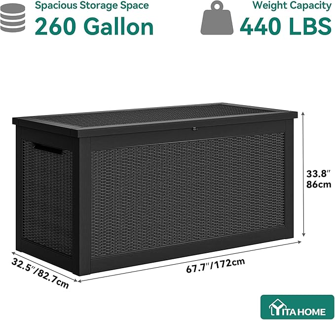 YITAHOME 260 Gallon Outdoor Storage Box, Large Water Resistant Resin Deck Box, Indoor Outdoor Lockable Storage Container for Patio, Garden, Cushions, Tools, Equipment(Black)