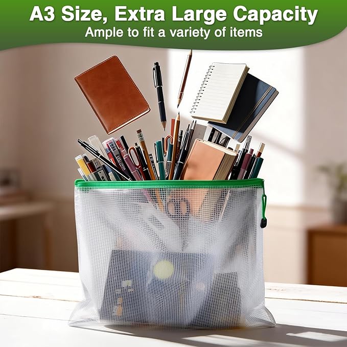 Umriox 24 Pack 12 Colors Zipper Pouches for Organizing, A3 Size (16.9 x 12.4), Big Mesh Bags, Zipper Bags for Puzzles & Board Game Storage, Office Supplies Travel Toiletries