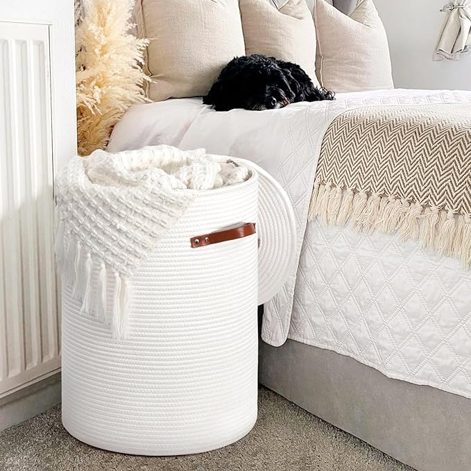 CHICVITA Tall Laundry Basket with Lid, White Clothes Laundry Hamper for Nursery, Cotton Rope Storage Basket for Clothes, Blankets, Toys, Laundry Bin, 15 x 20 inches