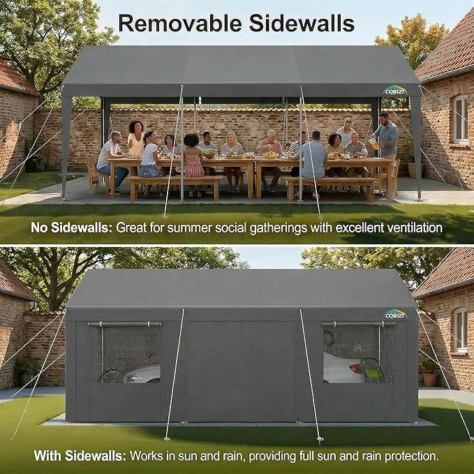 COBIZI 10x20 FT Heavy Duty Carport with Galvanized Frame, Carport Canopy with Roll-up Windows, Storage Tent with Removable Sidewalls & Doors, Built-in Sandbags for Car Boat Truck, Gray