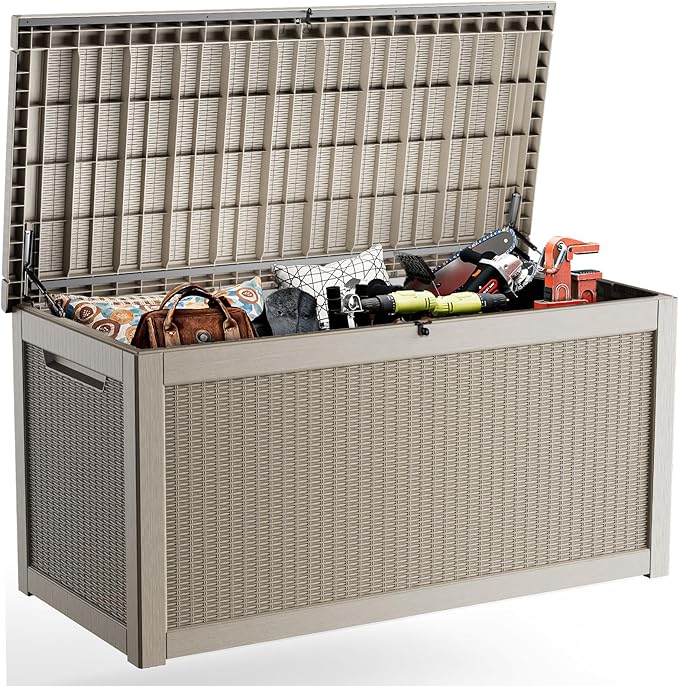 320 Gallon Outdoor Waterproof Resin Storage Deck Box Lockable Outside Bench UV Resistant Bin Patio Porch Furniture Pool Float Garden Tool Cushion Grey