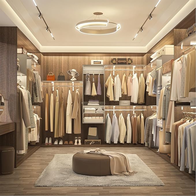 8FT Hanging Closet System, 96 Inch Closet Organizer System with Hanging Rod, Walk In Mounted Closet System, Built-In Clothes Garment Rack with 3 Shelving Towers(Can Be Cut To Fit), Grey