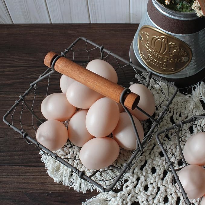 CVHOMEDECO. Chicken Wire Egg Baskets Rust Gathering Baskets with Wooden Handle Country Vintage Style Storage Baskets. Set of 2 (Square)