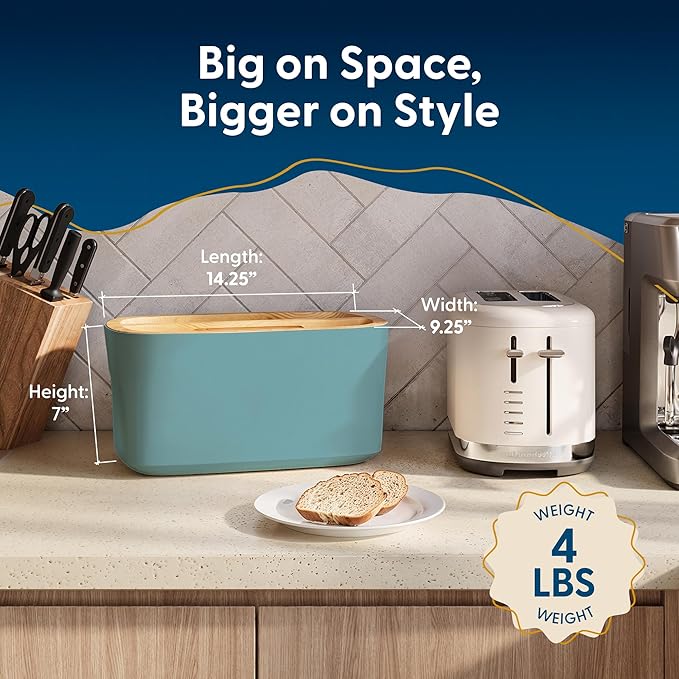 Sonder Los Angeles Union Large Bread Box | Fits Full Sourdough Loaves and More | Breadbox with Cutting Board | Homemade Bread Bin Storage Container | 14.25x9.25x7 in | Blue Green