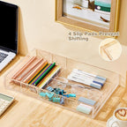 2 Pcs Acrylic Drawer Organizer 9'' up to 18'' x 15'' x 2'' Expandable Drawer Organizer Pens Notebook Ruler Makeup Tray with 7 Adjustable Compartments for Desk Office Kitchen Bathroom(Clear)