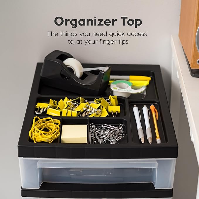 IRIS USA Plastic Drawer Storage Organizer Rolling Cart, with Wheels Casters, 4-Drawers, for Classroom Art Craft Supplies Dresser Closet Bathroom Laundry Room, Black/Clear