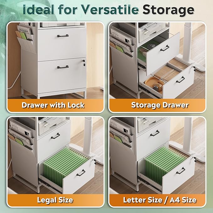 DEVAISE 2 Drawer File Cabinet with Lock, Charging Station & Adjustable Shelf,Tall Filing Cabinet for Home Office with Hook, Printer Stand Fits A4/Letter/Legal, White