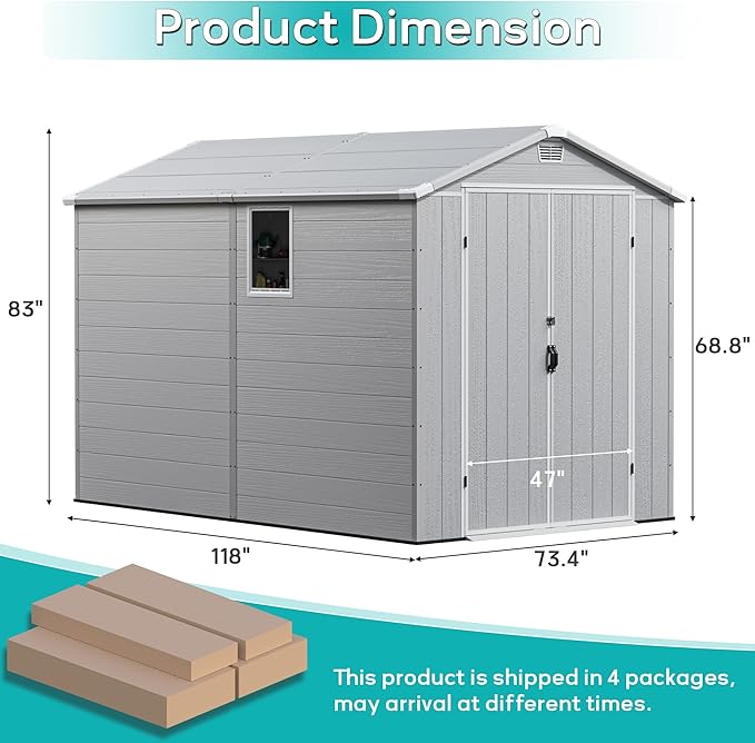Greesum 6×10FT Plastic Outdoor Storage Shed with Floor, Resin Storaged Sheds with Lockable Double Door, Windows & Vents, All-Weather Tool Sheds for Garden, Patio, Backyard, Light Gray