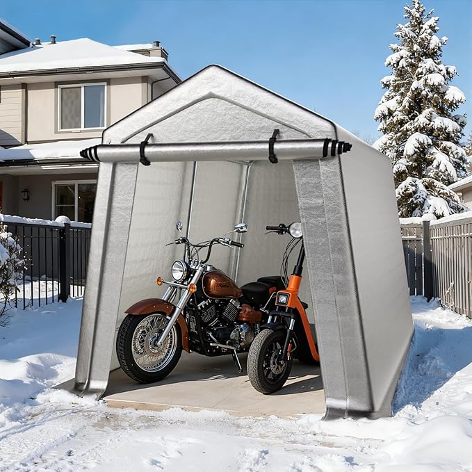 7 x 12 FT Carport, Portable Shed w/220G Heavy Duty Waterproof PE Tarp, Roll-up Zipper Door & Vent, Weather-Resistant Storage Shed for Motorcycle, Bike and Tools, Gray