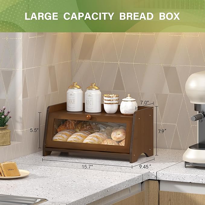 Vintage Bread Box for Kitchen Countertop, Large Bread Container Storage, Wooden Farmhouse Bread Box with Window Bread Holder (Brown)