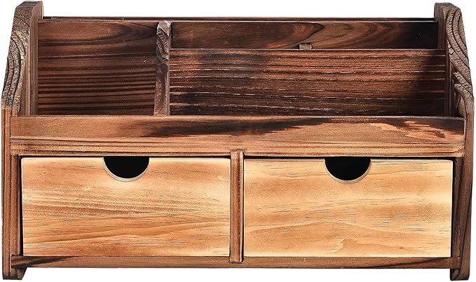 Rustic Torched Dark Brown Wood Desk Organizer Wooden Tabletop Stationery Holder Multiple Compartments Slots 2 Drawers Storage Cabinet Office Supplies Makeup Accessory Sorter Display Box Home