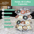 Nifty K Cup Holder – Compatible with K-Cups, Coffee Pod Carousel | 40 K Cup Holder, Spins 360-Degrees, Lazy Susan Platform, Modern Chrome Design, Home or Office Kitchen Counter Organizer