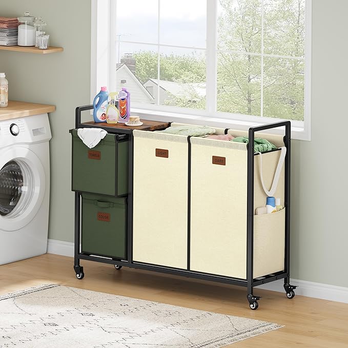 Hoctieon 4 Section Laundry Cart, 48 Gal. (182L) Laundry Hamper with Lid, Laundry Basket with Wheels, Rolling Laundry Sorter Organizer with Shelf, Clothes Separator with Removable Bags, Beige+Green