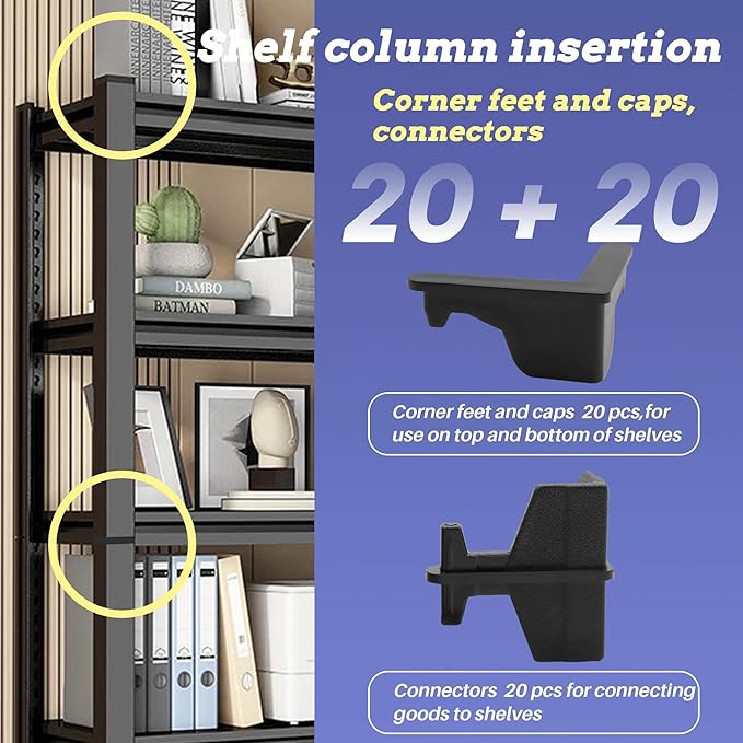Post Inserts Connectors - PP Plastic, Injection Molded, Sturdy Support - Black, 20 Post Corner Connectors and 20 Post Caps, Compatible with Whalen and Costco 5 Shelf Shelving Unit