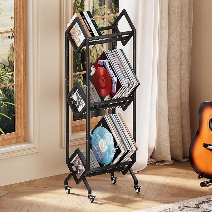 3 Tier Vinyl Record Storage Rack, Mobile Black Metal LP Storage Display Stand with Casters, Large Capacity Record Holder for Albums, Books, Magazines, and Office Files