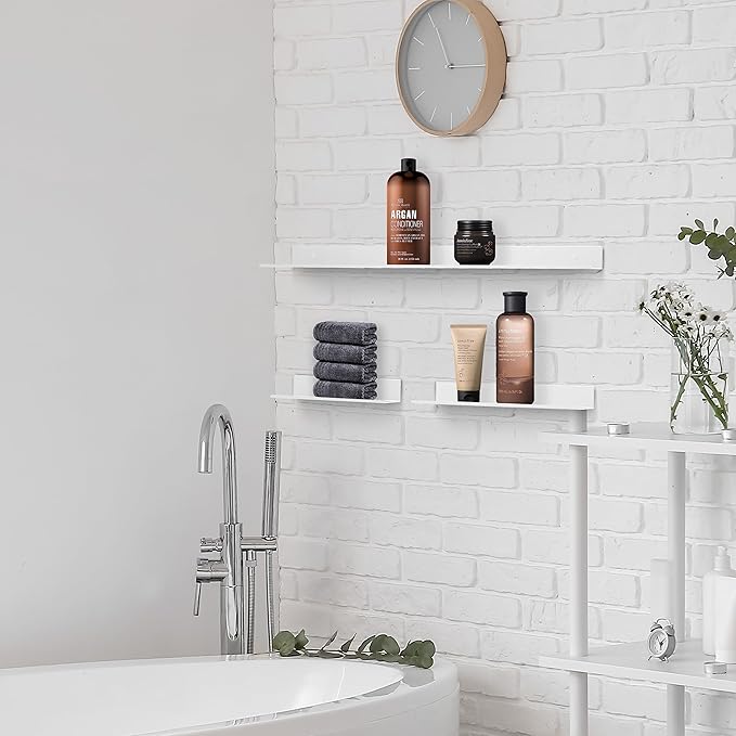 Z metnal Small Floating Shelves, No Drilling Mini Display Shelf for Phone Ceiling, Slim Narrow Lack Wall Shelf, Aluminum, Adhesive or Wall Mounted, White, 8 inch, 2 Pack