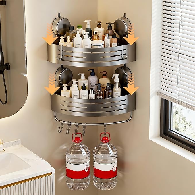 Corner Shower Caddy Bathroom Organizer,2-Packed Gray No-Drilling Aluminum Suction Cup Corner Shower Shelf with Towel Bar and Hooks,Moder Wall Shower Organizer and Storage Decor