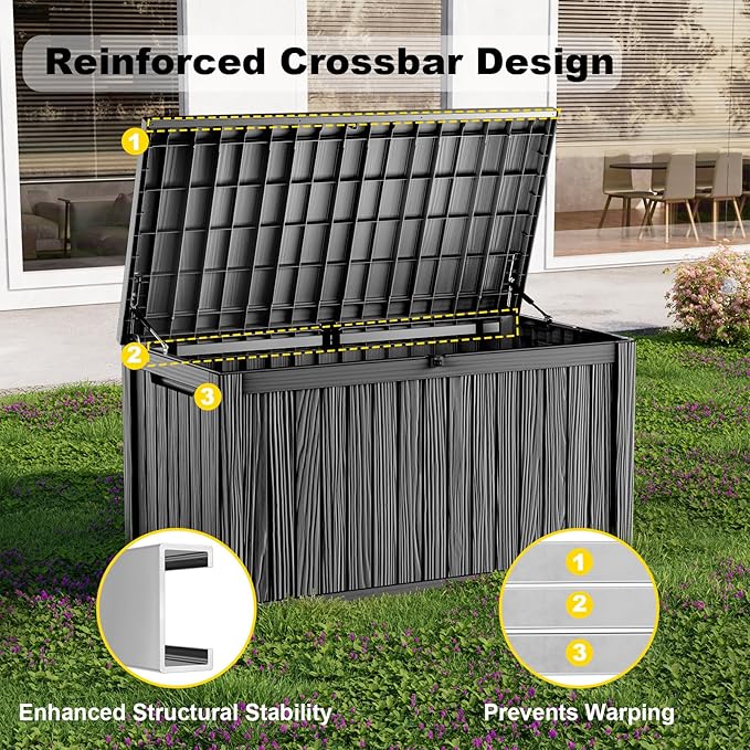 200 Gallon Outdoor Waterproof Resin Storage Deck Box Lockable Outside Bench UV Resistant Bin Patio Porch Furniture Pool Float Garden Tool Cushion Black