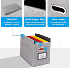 2 Pack Hanging File Folders Organizer with Lid, Letter Size Fabric File Storage Box Collapsible, Portable Office Document Holder with Metal Handle, Smooth PVC Rails, Gray