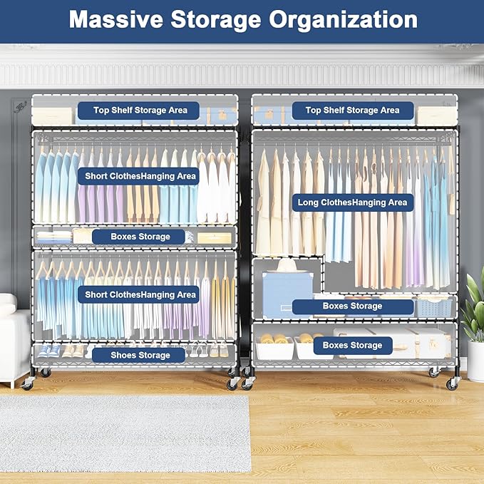 P8C Max Heavy Duty Clothes Rack（With Extended Width Design） Rolling Clothing Racks for Hanging Clothes with Lockable Wheels，51.2"W x 15.8"D x 80.5"H，Load 700LBS，Black Rack with Black Cover