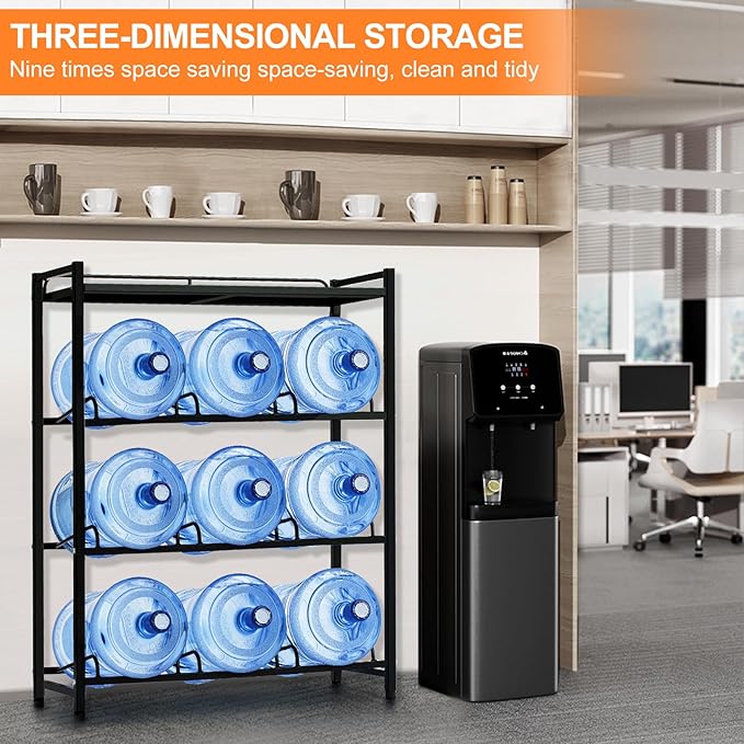 5 Gallon Water Dispenser Jug Holder with Top Shelf Heavy Duty Water Cooler Jug Rack and 4 Tier Water Storage Rack with 9 Slots for Gallon Jugs (Black)
