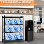 5 Gallon Water Dispenser Jug Holder with Top Shelf Heavy Duty Water Cooler Jug Rack and 4 Tier Water Storage Rack with 9 Slots for Gallon Jugs (Black)