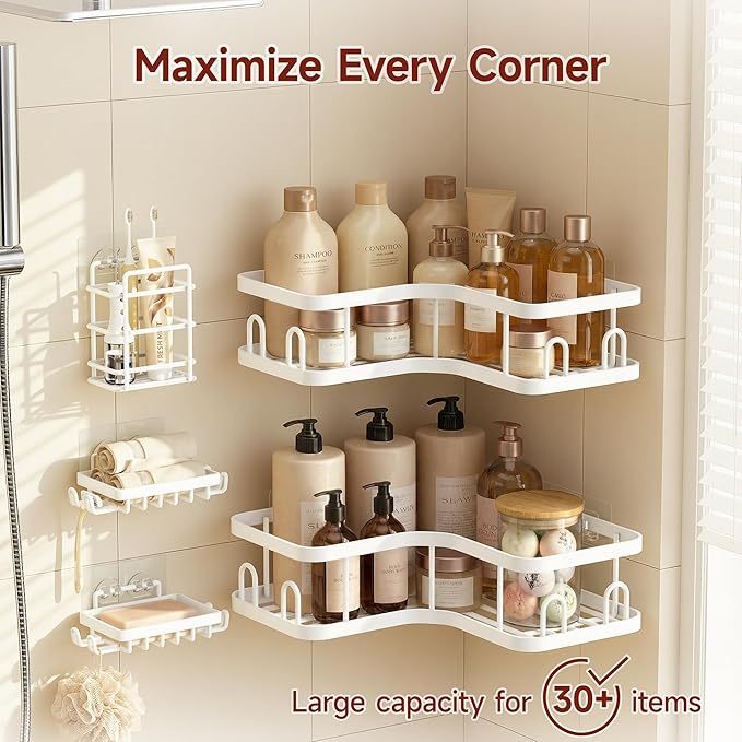 Veken Corner Shower Caddy 5-Pack, Advanced Rustproof Design, No Drilling Adhesive Shelves, Rack with Soap Holder, Large Capacity Bathroom Organizers and Storage, Wall-Mounted Kitchen&Home Decor,White