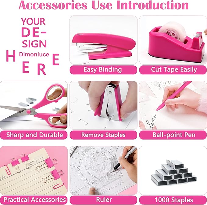 Hot Pink Desk Accessories, Hot Pink Office Supplies Accessories with Tape Dispenser, Stapler, Staple Remover, 1000 Staples, Tape, Clips Set, Ruler, Scissor, Pen