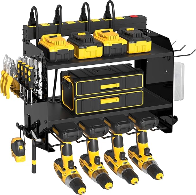 Power Tool Organizer Wall Mount with Charging Station-Heavy Duty Modular System with 4 Drill Holder,8-Outlet Power Strip,3 Shelves,Battery Racks,Hooks & Cord Management for Garage Workshop