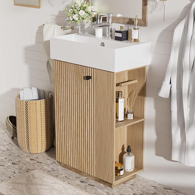 21.6" Small Fluted Bathroom Vanity with Sink,Soft Closing Doors and Storage Shelves,Natural Wood Single Bathroom Sink Cabinet Combo Freestanding, Natural Wood