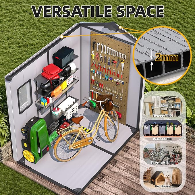 MELLCOM 4 x 6 FT Resin Outdoor Storage Shed with Floor, Plastic Outdoor Storage Tool Shed with Windows and Lockable Door, Garden Shed for Lawnmower, Bike, Pool Supply